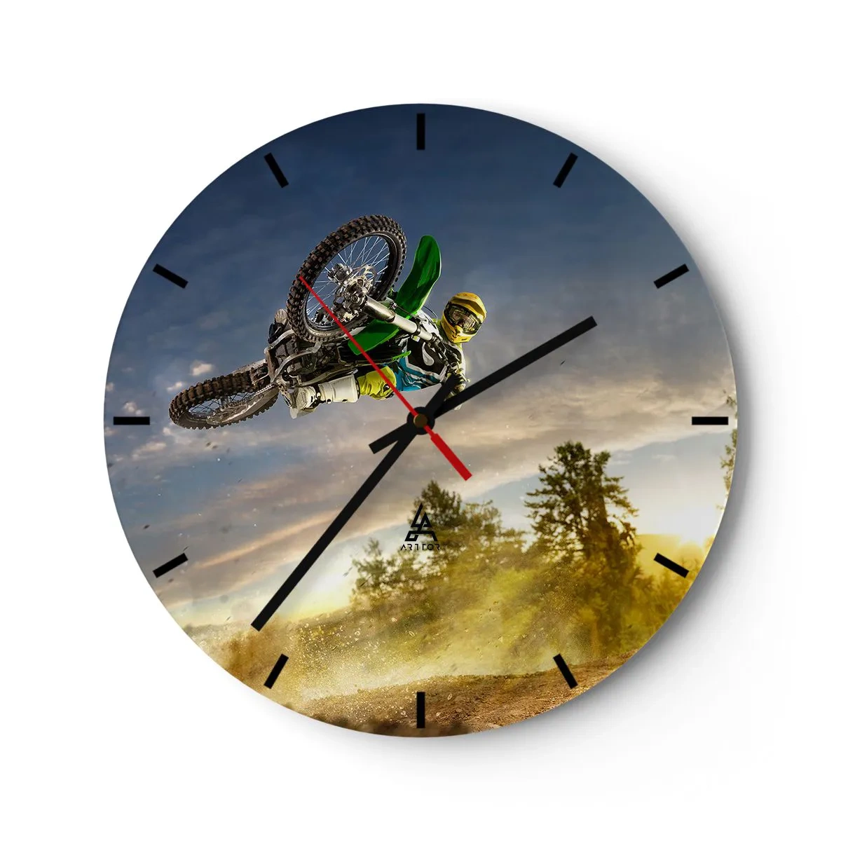 Reloj de pared - Reloj de vidrio - Motocross con el sol poniente como telón de fondo - 30x30cm - ¡Enciende tus emociones! - Decoración de pared moderna para salón, cocina y dormitorio ARTTOR
