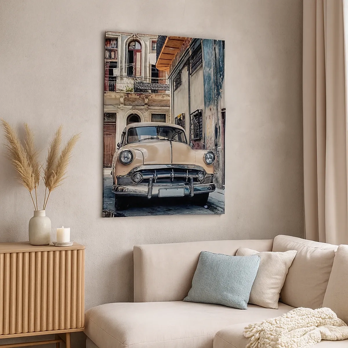Cuadro sobre lienzo - Impresión de Imagen - Un coche clásico con la arquitectura urbana como telón de fondo - 50x70cm - Siesta en La Habana - Decoración de pared moderna para salón y dormitorio ARTTOR