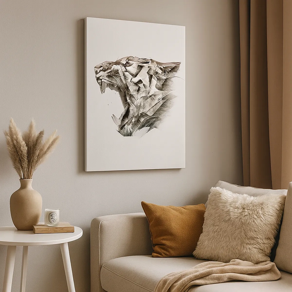 Cuadro sobre lienzo - Impresión de Imagen - Imagen abstracta de un tigre en tonos beige. - 50x70cm - Ya sabes quién manda - Decoración de pared moderna para salón y dormitorio ARTTOR