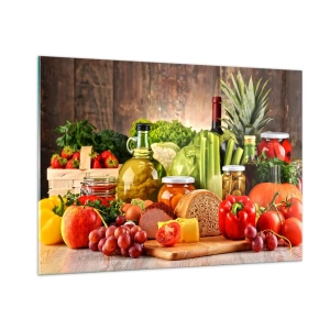 Cuadro sobre vidrio - Impresiones sobre Vidrio - Verduras coloridas, frutas, pan y conservas sobre un fondo de madera. - 100x70cm - La mesa está lista - Decoración de pared moderna para salón y dormitorio ARTTOR