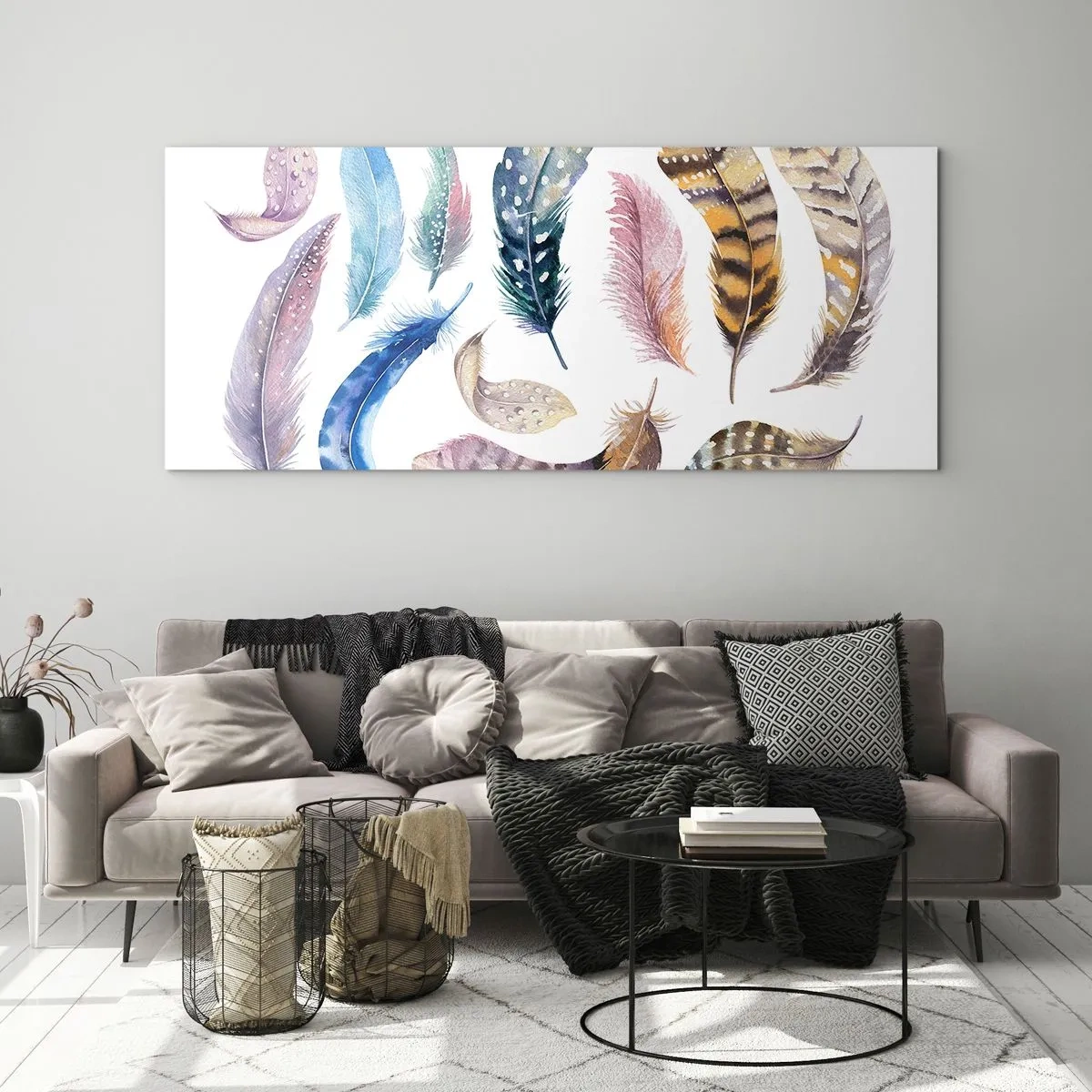 Cuadro sobre vidrio - Impresiones sobre Vidrio - Plumas de colores en un delicado estilo de acuarela. - 140x50cm - Ligero, colorido y multicolor - Decoración de pared moderna para salón y dormitorio ARTTOR