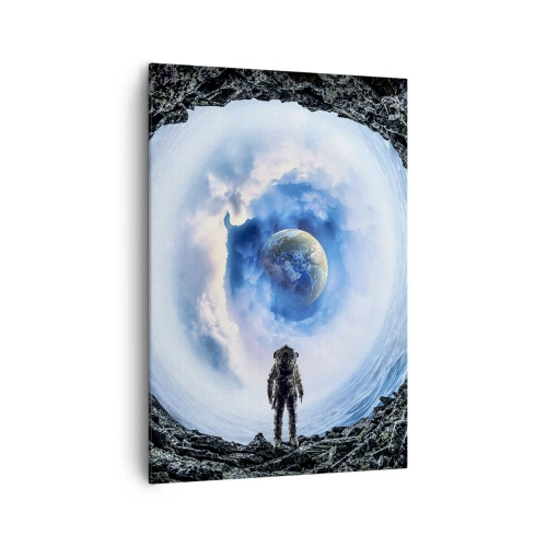Cuadro sobre lienzo - Impresión de Imagen - Astronauta frente a un paisaje espacial con la Tierra al fondo - 70x100cm - No muy lejos de casa - Decoración de pared moderna para salón y dormitorio ARTTOR