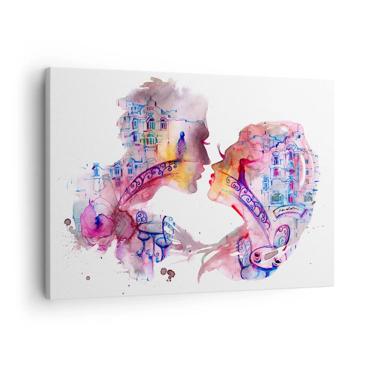Cuadro sobre lienzo - Impresión de Imagen - Una acuarela romántica que representa las siluetas de los amantes. - 70x50cm - Un puente secreto de suspiros - Decoración de pared moderna para salón y dormitorio ARTTOR