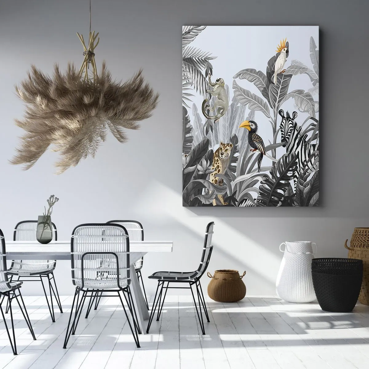 Cuadro sobre lienzo - Impresión de Imagen - Selva tropical con animales exóticos sobre un fondo gris. - 80x120cm - Un cuento de hadas africano - Decoración de pared moderna para salón y dormitorio ARTTOR
