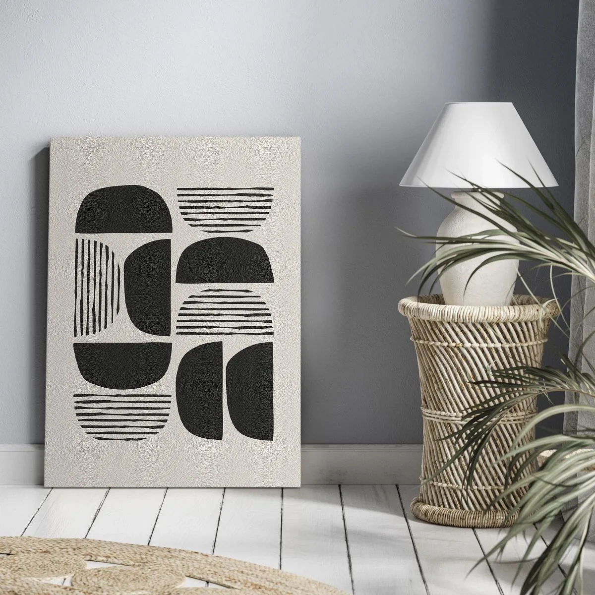 Cuadro sobre lienzo - Impresión de Imagen - Geometría con semicírculos y líneas en negro sobre fondo claro. - 70x100cm - Arreglos a medias - Decoración de pared moderna para salón y dormitorio ARTTOR