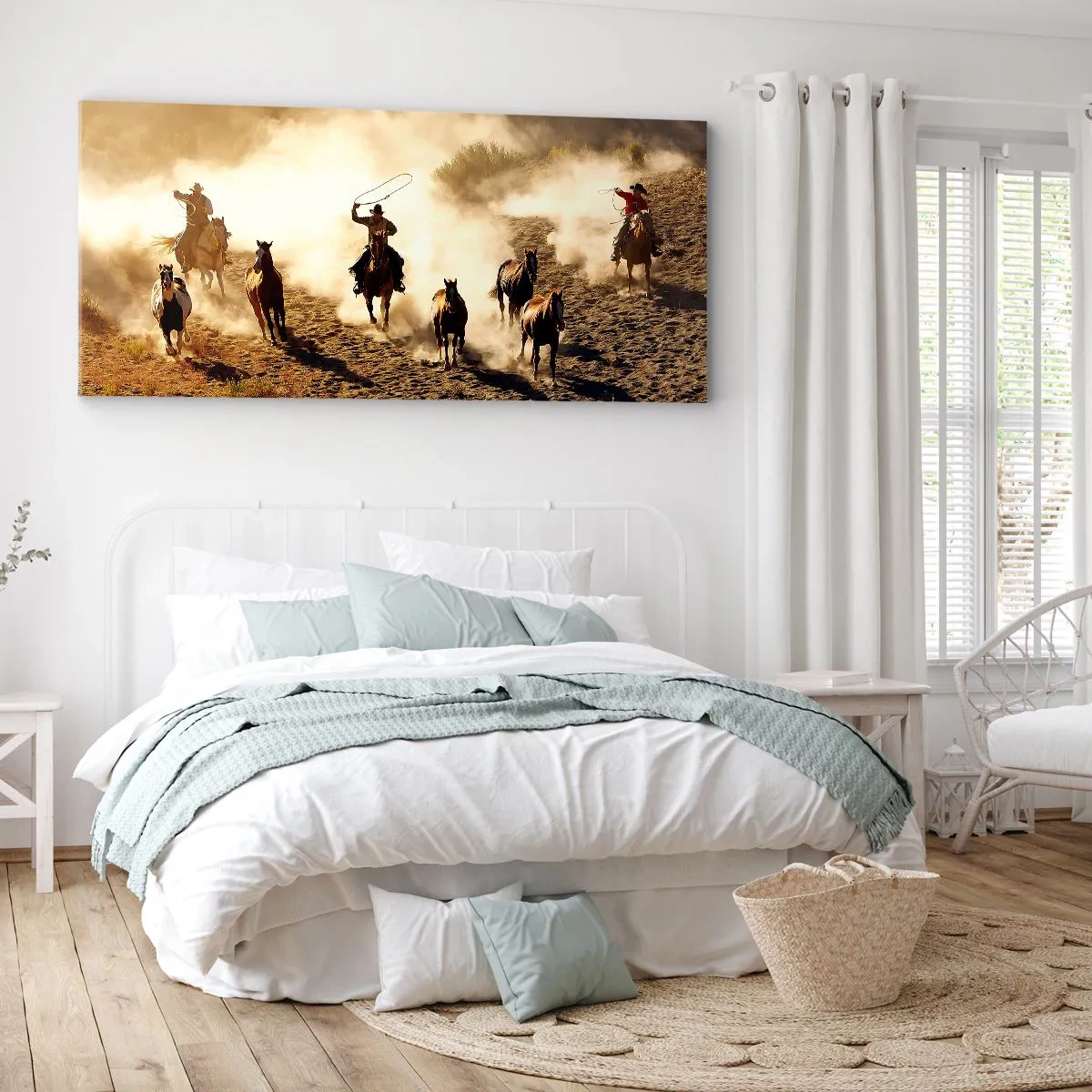 Cuadro sobre lienzo - Impresión de Imagen - Vaqueros a caballo en acción en el terreno desértico. - 160x50cm - El salvaje oeste - Decoración de pared moderna para salón y dormitorio ARTTOR