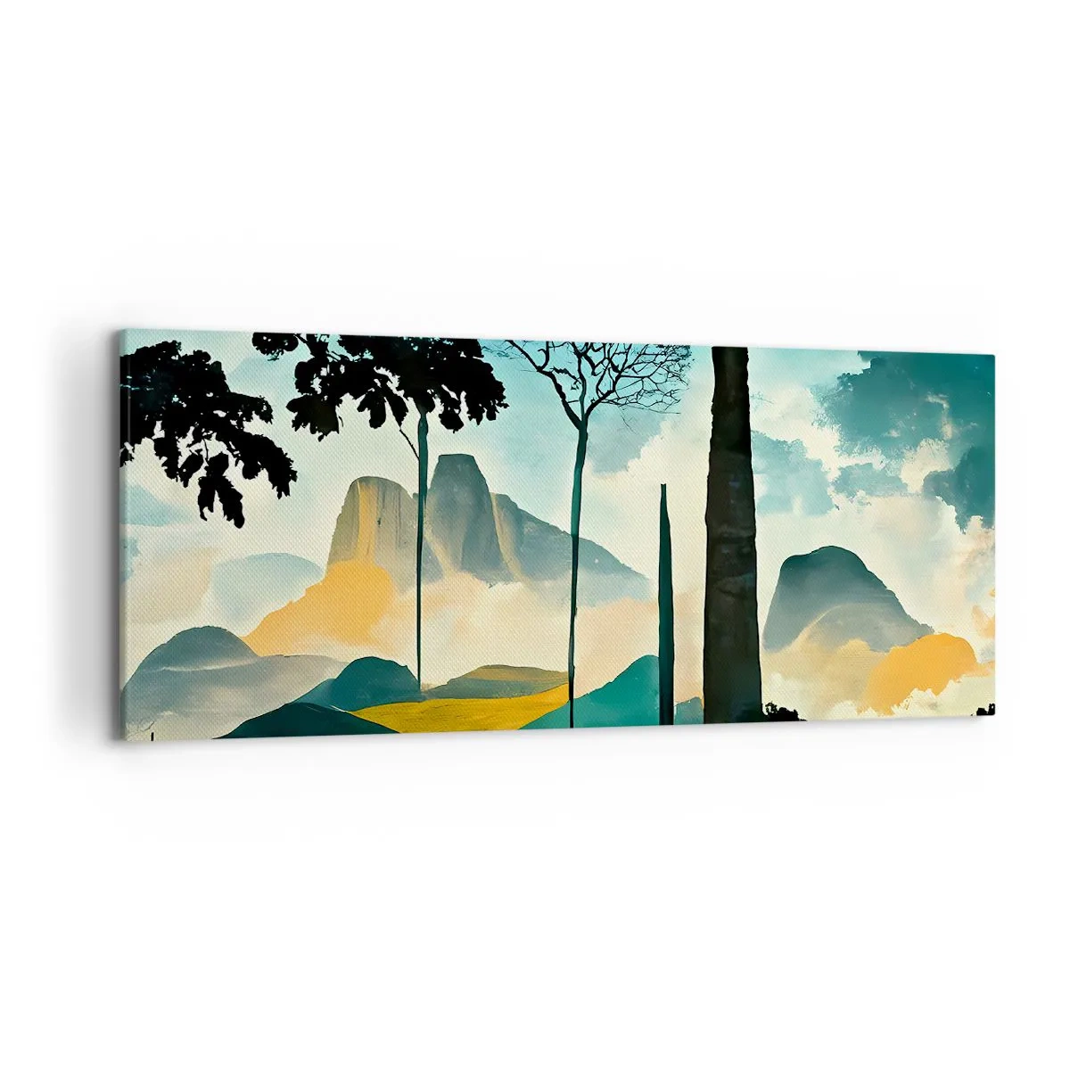 Cuadro sobre lienzo - Impresión de Imagen - Un paisaje pintoresco con árboles y montañas al fondo. - 120x50cm - Cada vez a más altitud - Decoración de pared moderna para salón y dormitorio ARTTOR