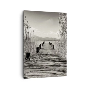 Cuadro sobre lienzo - Impresión de Imagen - Un embarcadero de madera entre hierbas altas sobre un lago de tonos sepia. - 50x70cm - En la quietud de los juncos - Decoración de pared moderna para salón y dormitorio ARTTOR