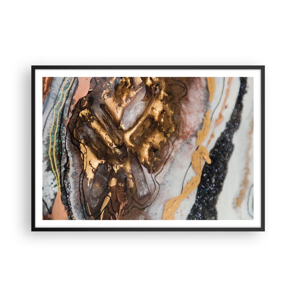 Póster en marco negro - Composición abstracta con elementos de oro y cristales. - 100x70cm - Elemento de la tierra - Decoración de pared moderna para salón y dormitorio ARTTOR