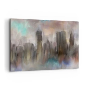 Cuadro sobre lienzo - Impresión de Imagen - Una visión artística de un paisaje urbano con rascacielos en colores pastel. - 100x70cm - Una composición de acero, piedra y niebla - Decoración de pared moderna para salón y dormitorio ARTTOR