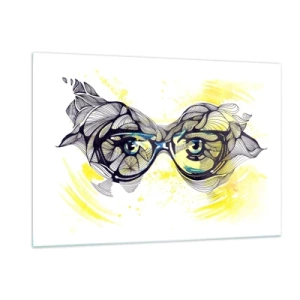 Cuadro sobre vidrio - Impresiones sobre Vidrio - Gafas con patrones artísticos y ojos sobre un fondo en tonos amarillos. - 120x80cm - A través de las gafas azules - Decoración de pared moderna para salón y dormitorio ARTTOR