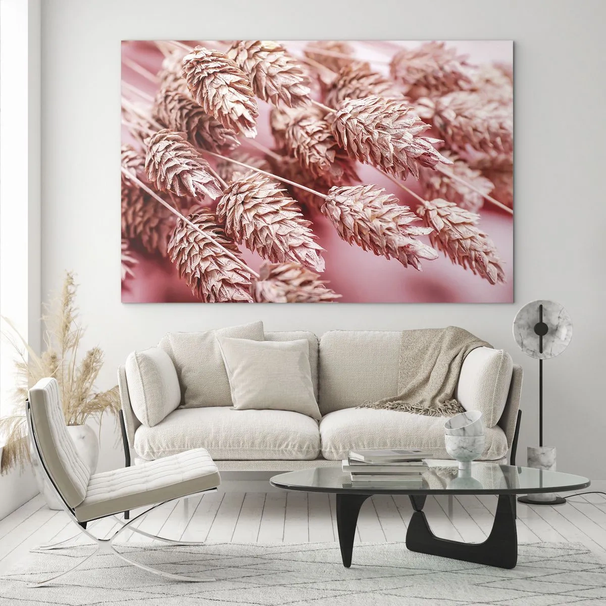 Cuadro sobre vidrio - Impresiones sobre Vidrio - Mazorcas de maíz secas en tonos rosa sobre un fondo pastel. - 70x50cm - Estructura floral en rosa - Decoración de pared moderna para salón y dormitorio ARTTOR