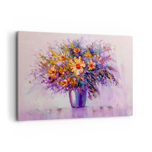 Cuadro sobre lienzo - Impresión de Imagen - Un ramo de flores en un jarrón sobre un fondo pastel. - 120x80cm - Huele dulce, parece dulce - Decoración de pared moderna para salón y dormitorio ARTTOR