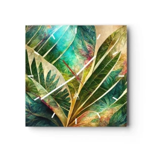 Reloj de pared - Reloj de vidrio - Hojas tropicales coloridas sobre un fondo claro - 30x30cm - Los colores del trópico - Decoración de pared moderna para salón y dormitorio ARTTOR