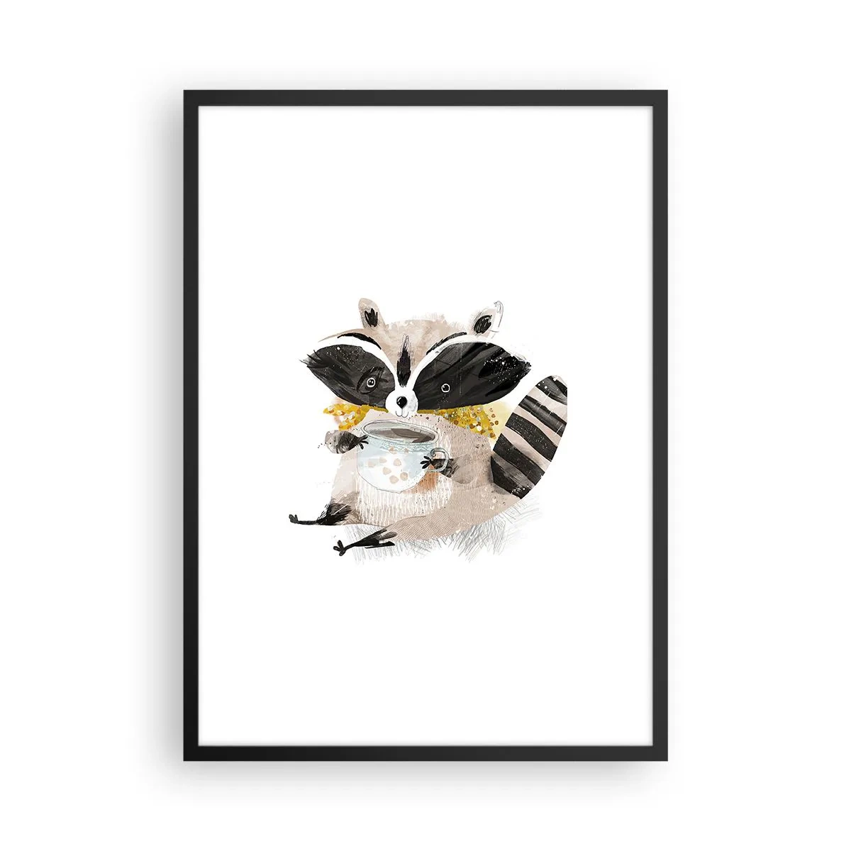 Póster en marco negro - Un dibujo de un mapache con una bufanda y sosteniendo una taza de té. - 50x70cm - Mi amigo mapache - Decoración de pared moderna para salón y dormitorio ARTTOR