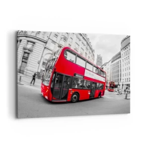 Cuadro sobre lienzo - Impresión de Imagen - Un autobús rojo de Londres contra una calle en blanco y negro - 120x80cm - Londres tradicional - en autobús - Decoración de pared moderna para salón y dormitorio ARTTOR