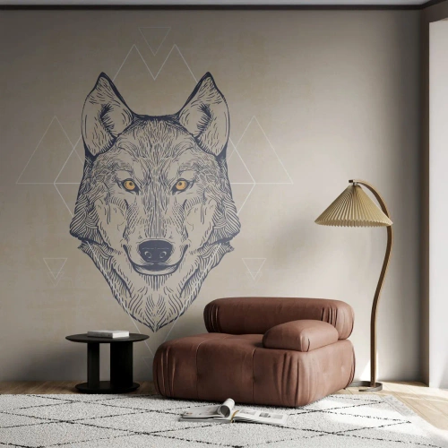 Fotomural Premium Sand - Ilustración geométrica de un lobo sobre un fondo beige - 100x70cm - La mirada del lobo alfa - Decoración de pared moderna para salón y dormitorio ARTTOR