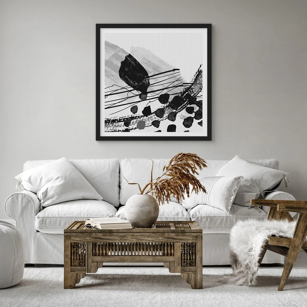 Póster en marco negro - Abstracción orgánica en blanco y negro - 30x30 cm