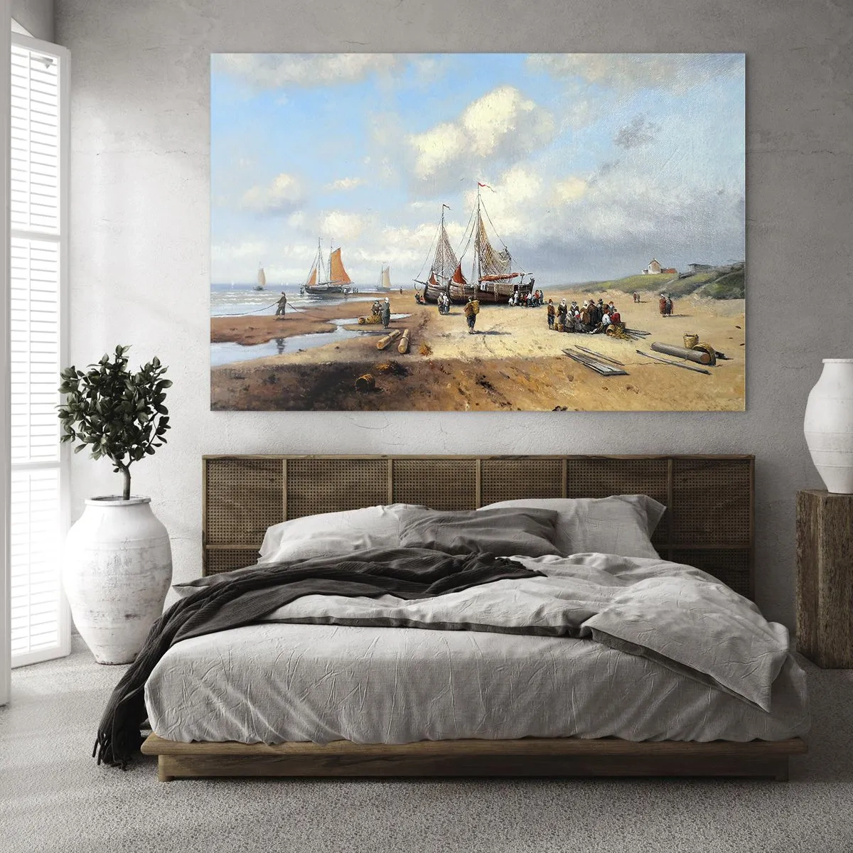 Cuadro sobre vidrio - Impresiones sobre Vidrio - Escena de playa con barcos de pesca y gente pescando. - 70x50cm - Después de una pesca exitosa - Decoración de pared moderna para salón y dormitorio ARTTOR