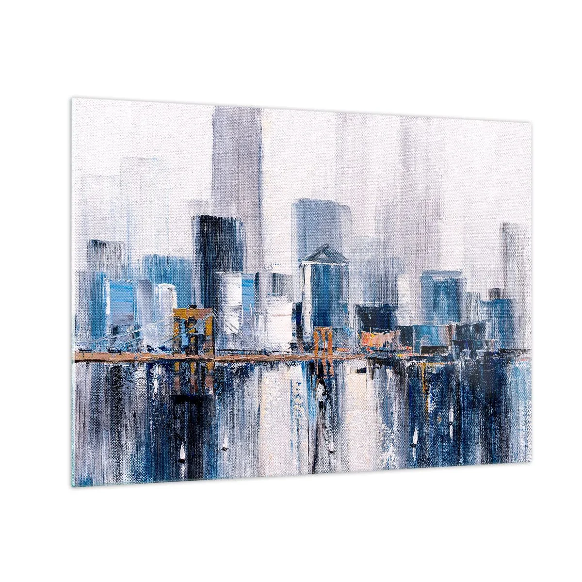 Cuadro sobre vidrio - Impresiones sobre Vidrio - Panorama abstracto de la ciudad con rascacielos y un puente en colores fríos - 70x50cm - Impresión neoyorquina - Decoración de pared moderna para salón y dormitorio ARTTOR