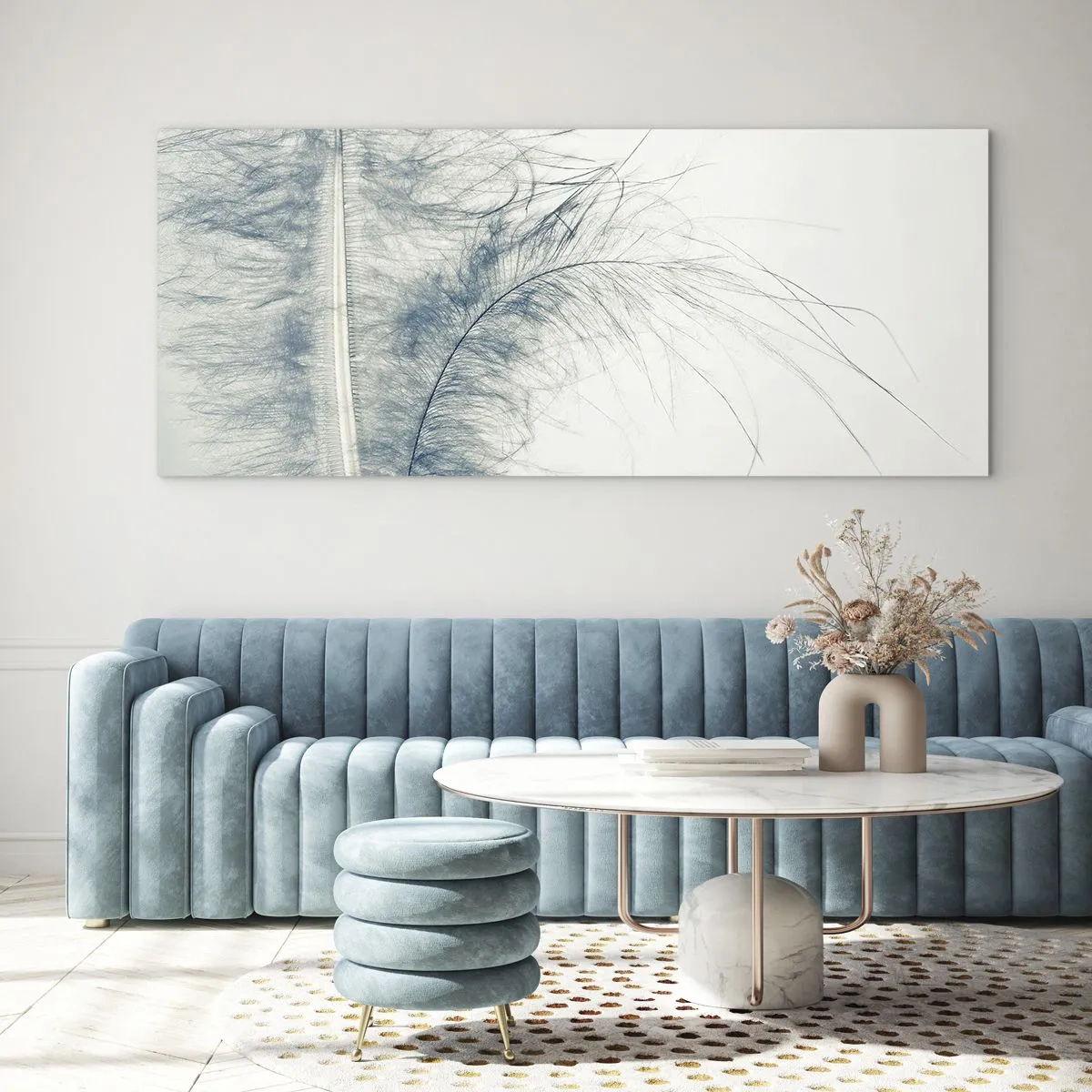 Cuadro sobre vidrio - Impresiones sobre Vidrio - Una delicada pluma en tonos pastel sobre un fondo claro. - 160x50cm - Susurro de la naturaleza - Decoración de pared moderna para salón y dormitorio ARTTOR