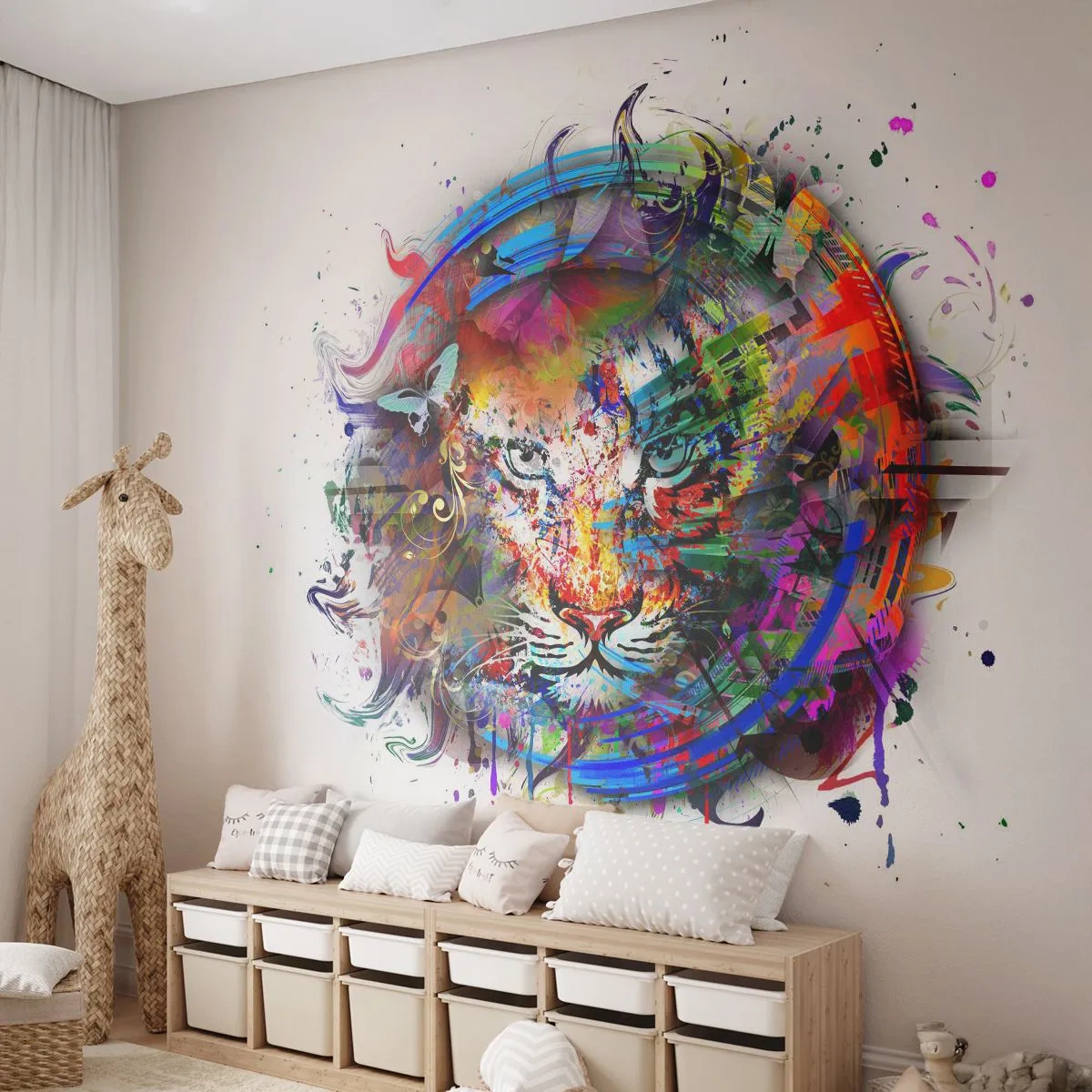 Fotomural Autadhesivo Deluxe Sticker - Al acecho tras la cortina arco iris - Abstracción, Tigre, Gráficos - 150x105 cm