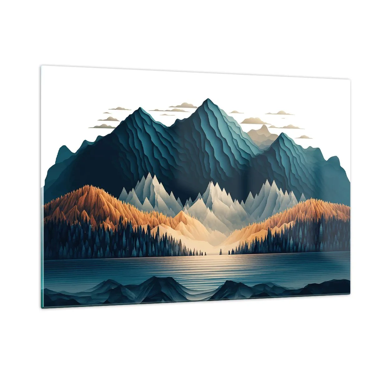 Cuadro sobre vidrio - Impresiones sobre Vidrio - Paisaje de montaña estilizado con un bosque y un lago. - 120x80cm - Paisaje perfecto de montañas - Decoración de pared moderna para salón y dormitorio ARTTOR