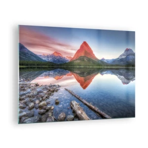 Cuadro sobre vidrio - Impresiones sobre Vidrio - Un pico de montaña reflejado en un lago tranquilo. - 70x50cm - Cálido y frío - Decoración de pared moderna para salón y dormitorio ARTTOR