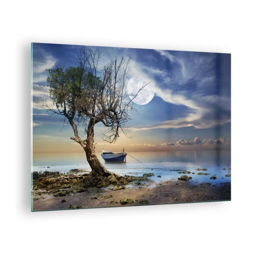 Cuadro sobre vidrio - Impresiones sobre Vidrio - Un barco solitario junto a un árbol con la luna como telón de fondo. - 70x50cm - ¿Es el final o el principio? - Decoración de pared moderna para salón y dormitorio ARTTOR