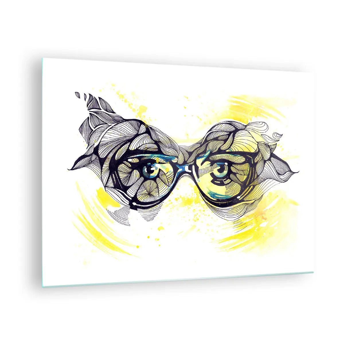 Cuadro sobre vidrio - Impresiones sobre Vidrio - Gafas con patrones artísticos y ojos sobre un fondo en tonos amarillos. - 70x50cm - A través de las gafas azules - Decoración de pared moderna para salón y dormitorio ARTTOR