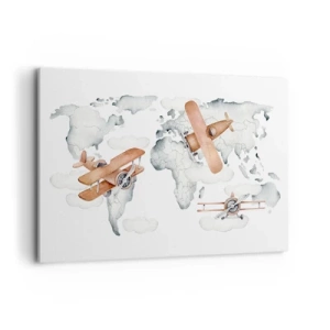 Cuadro sobre lienzo - Impresión de Imagen - Ilustración de un mapa del mundo con aviones - 120x80cm - Con espíritu pionero - Decoración de pared moderna para salón y dormitorio ARTTOR