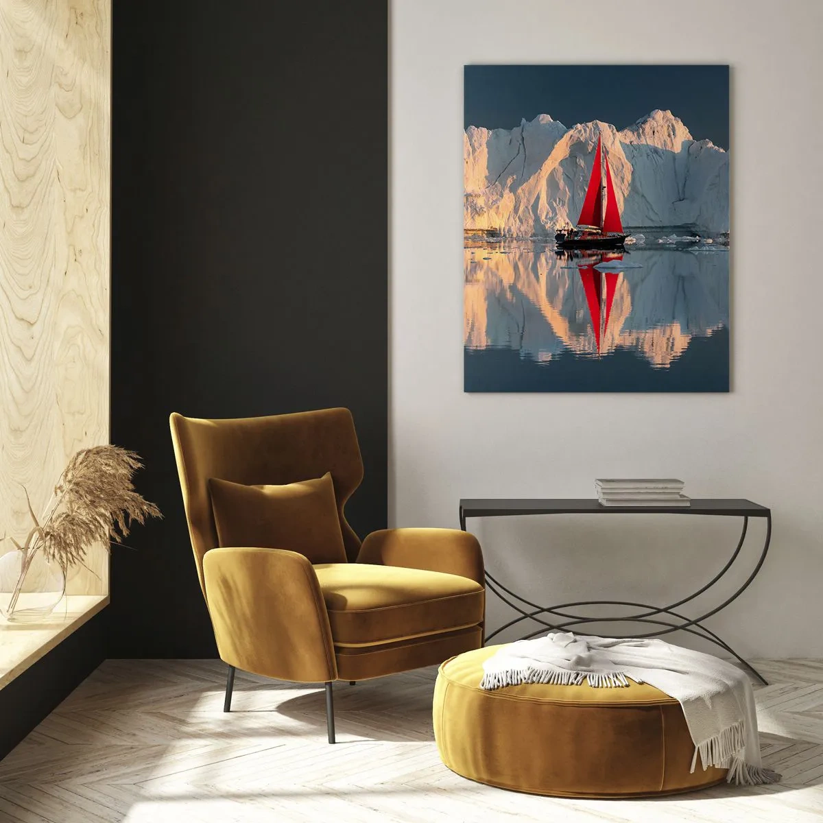 Cuadro sobre vidrio - Impresiones sobre Vidrio - Un velero con una vela roja cerca de los icebergs al atardecer. - 50x70cm - En el límite del mundo - Decoración de pared moderna para salón y dormitorio ARTTOR