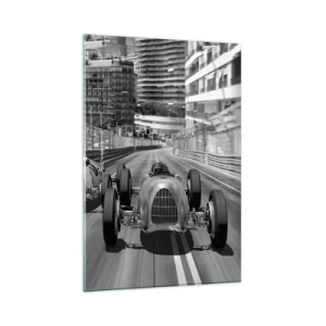 Cuadro sobre vidrio - Impresiones sobre Vidrio - Escena de carrera de coches retro monocromática - 80x120cm - Érase una vez en Montecarlo - Decoración de pared moderna para salón y dormitorio ARTTOR