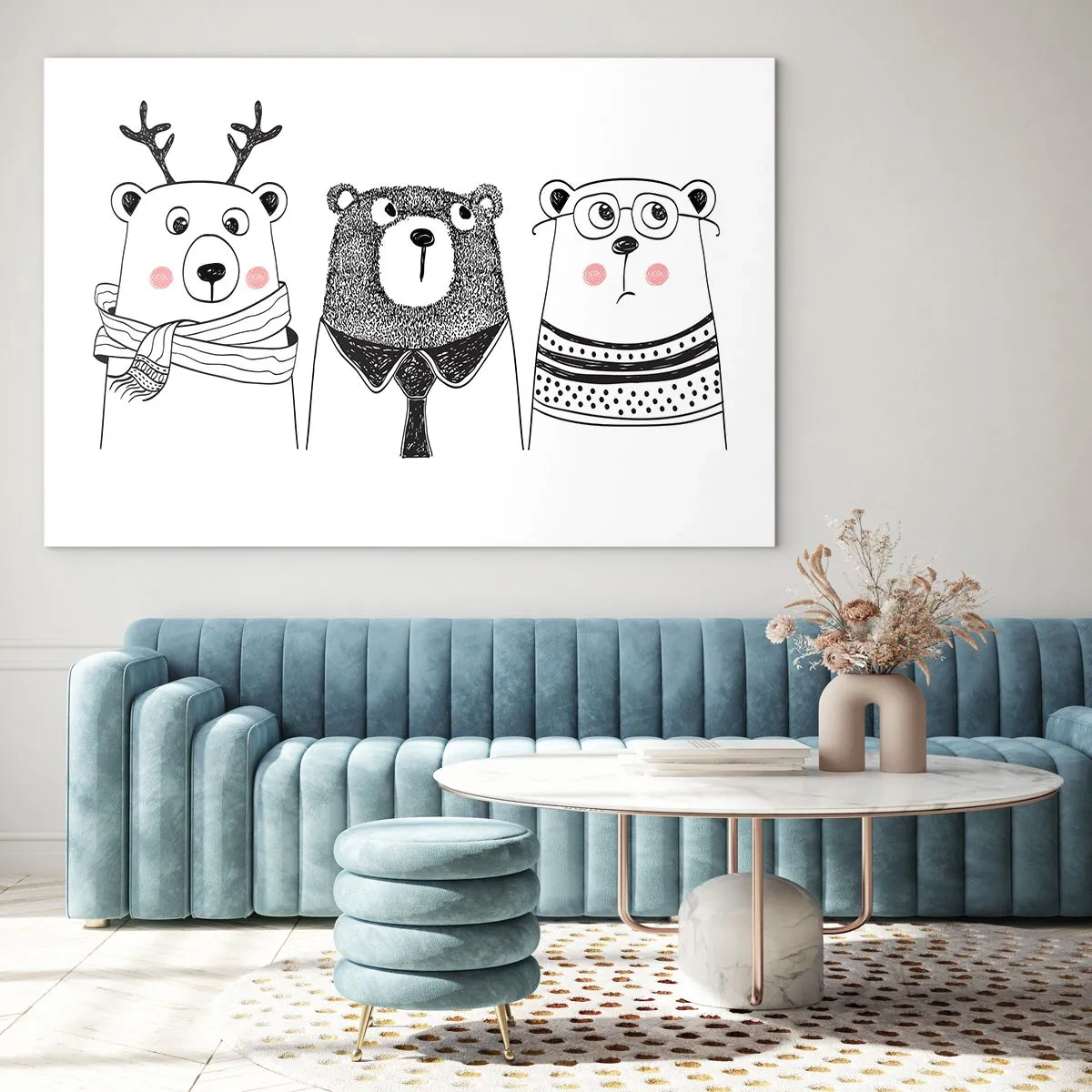 Cuadro sobre vidrio - Impresiones sobre Vidrio - Tres osos divertidos en una ilustración en blanco y negro - 70x50cm - Tres osos - Decoración de pared moderna para salón y dormitorio ARTTOR