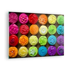Cuadro sobre vidrio - Impresiones sobre Vidrio - Cupcakes coloridos con decoraciones sobre un fondo de madera. - 70x50cm - Cada uno diferente - todos deliciosos - Decoración de pared moderna para salón y dormitorio ARTTOR