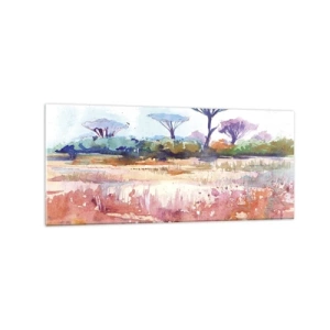 Cuadro sobre vidrio - Impresiones sobre Vidrio - Un pintoresco paisaje de sabana en colores de acuarela. - 120x50cm - Colores de la sabana - Decoración de pared moderna para salón y dormitorio ARTTOR