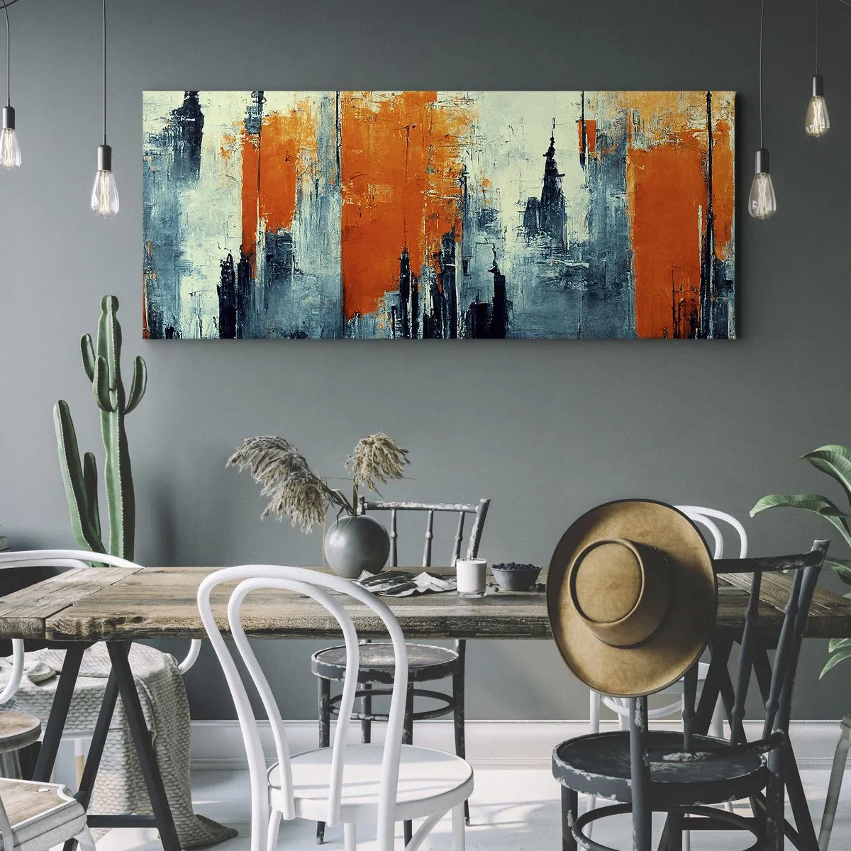 Cuadro sobre lienzo - Impresión de Imagen - Paisaje urbano abstracto en tonos naranja y azul. - 120x50cm - Paisaje moderno - Decoración de pared moderna para salón y dormitorio ARTTOR