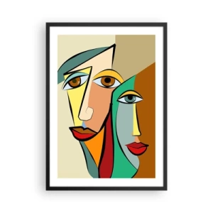 Póster en marco negro - Rostros abstractos de estilo cubista en colores cálidos - 50x70cm - Pareja cubista - Decoración de pared moderna para salón y dormitorio ARTTOR