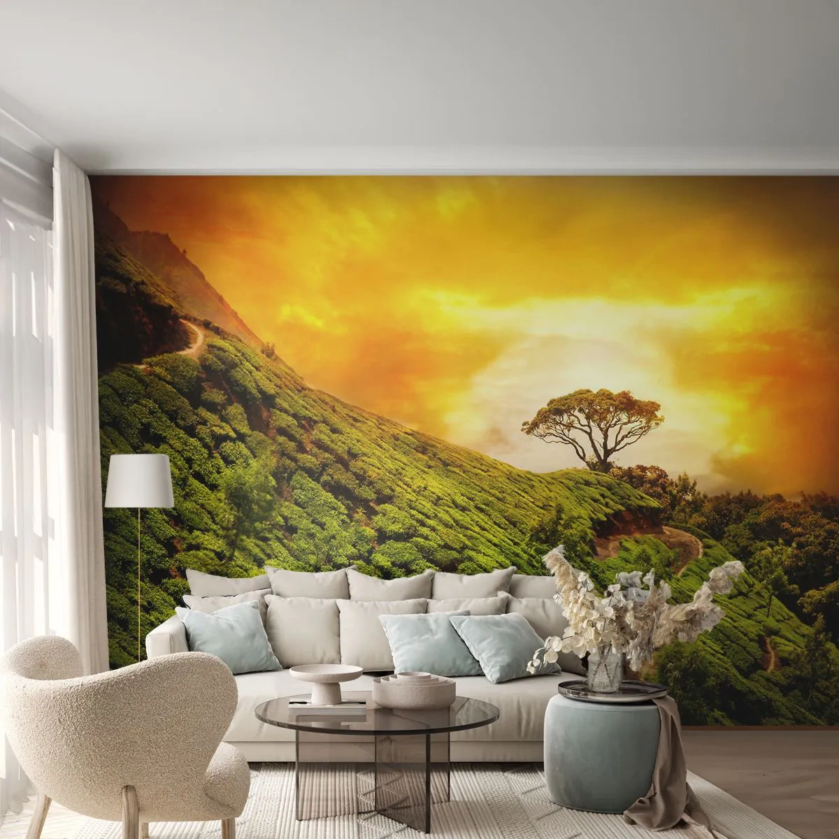 Fotomural Standard Eco - Por un camino sinuoso, por una verde pendiente - Paisaje, Plantación de té, India - 200x140 cm