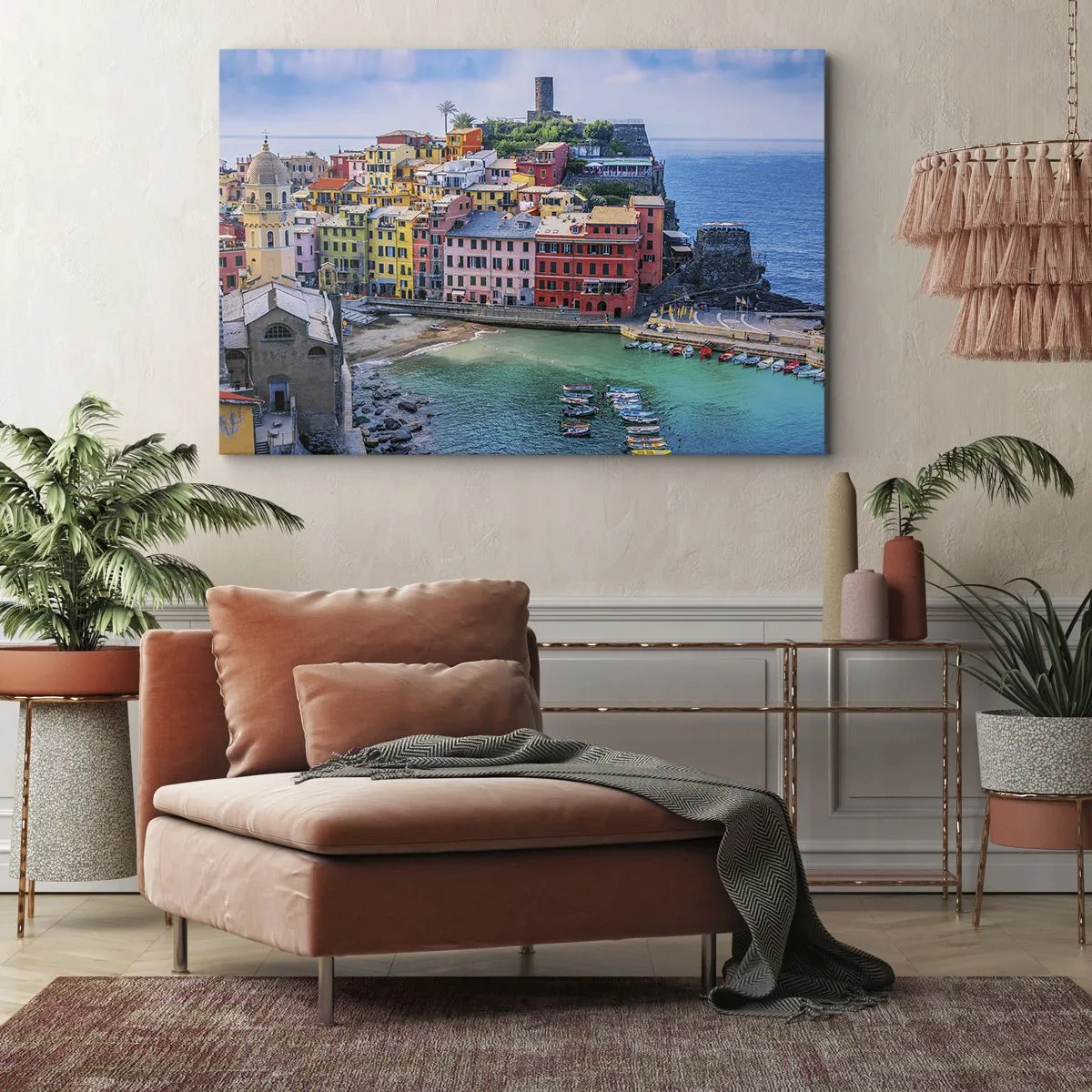 Cuadro sobre lienzo - Impresión de Imagen - Un colorido pueblo costero con un pintoresco puerto. - 120x80cm - Pueblo mágico del Mediterráneo - Decoración de pared moderna para salón y dormitorio ARTTOR