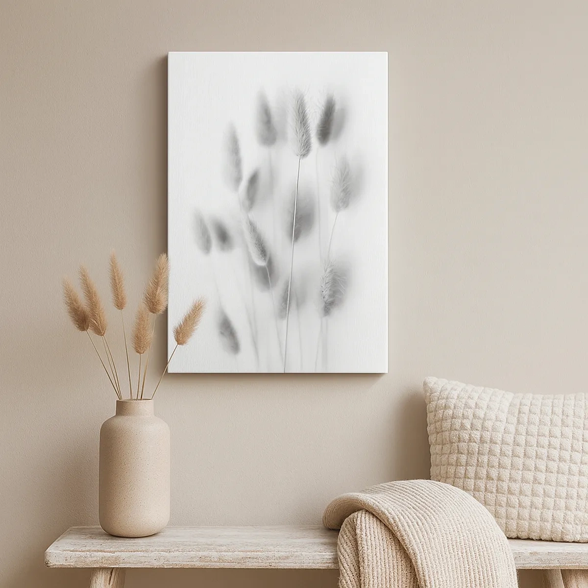 Cuadro sobre lienzo - Impresión de Imagen - Hierbas delicadas en tonos grises sobre un fondo blanco. - 50x70cm - Esponjas naturales - Decoración de pared moderna para salón y dormitorio ARTTOR