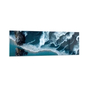 Cuadro sobre vidrio - Impresiones sobre Vidrio - Vista aérea de las olas rompiendo en la orilla - 160x50cm - Rodeadas por las olas - Decoración de pared moderna para salón y dormitorio ARTTOR