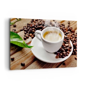 Cuadro sobre lienzo - Impresión de Imagen - Una taza de café aromático sobre un fondo de granos y una hoja. - 100x70cm - Café en el banco - Decoración de pared moderna para salón y dormitorio ARTTOR
