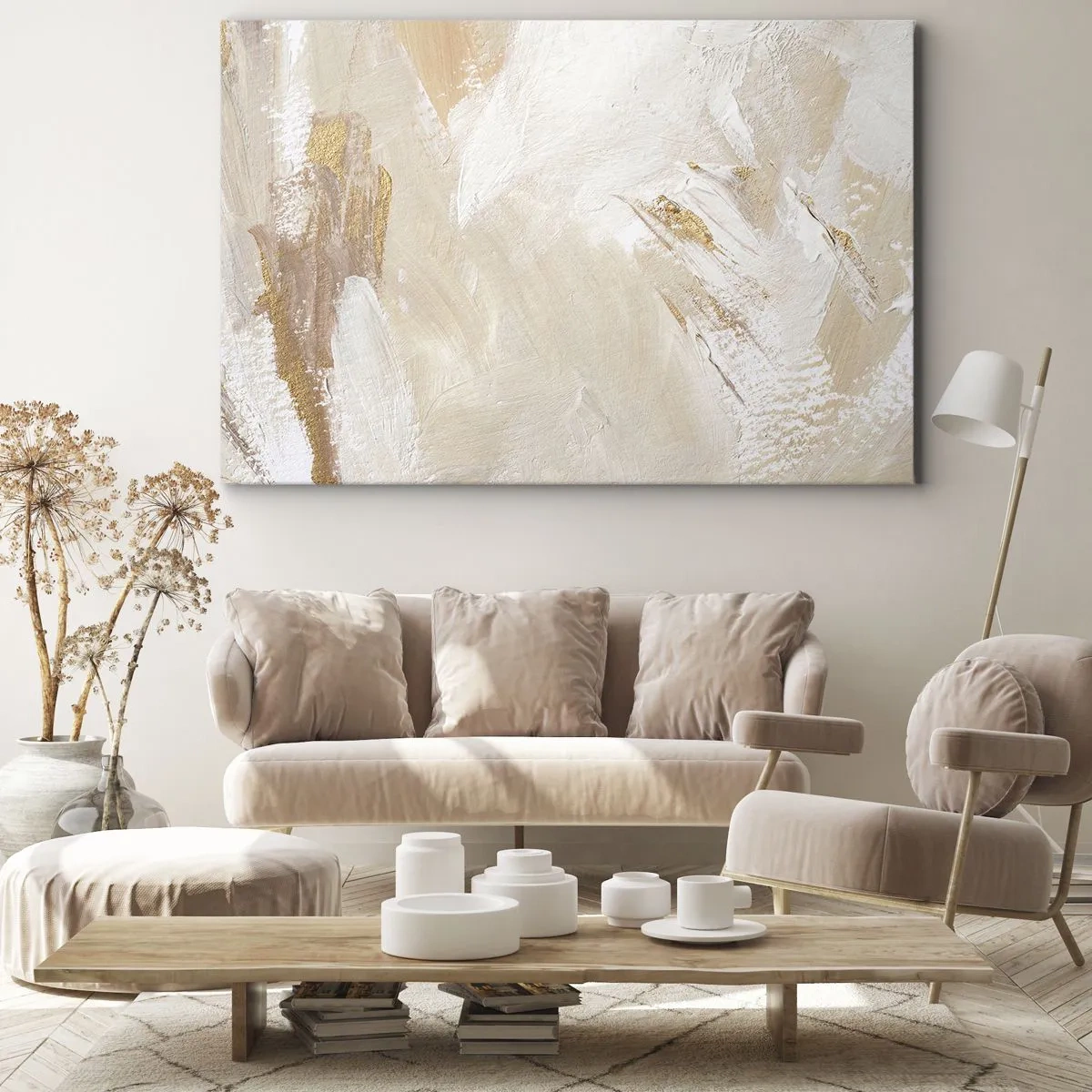 Cuadro sobre lienzo - Impresión de Imagen - Delicados tonos abstractos en tonos beige y dorado. - 70x50cm - Composición en pastel - Decoración de pared moderna para salón y dormitorio ARTTOR