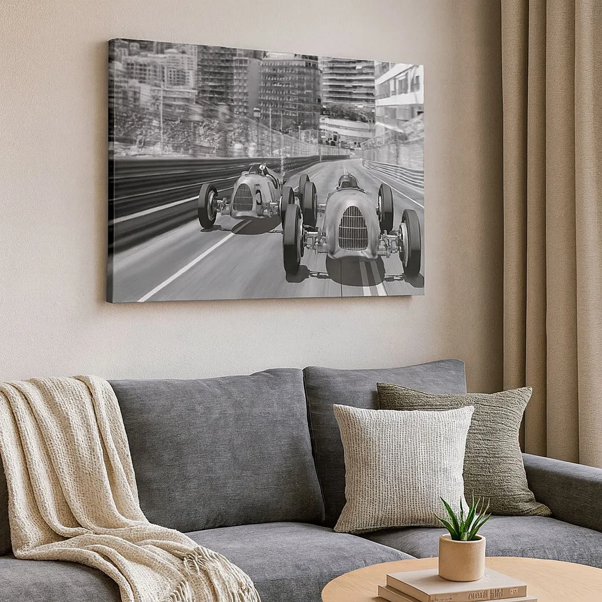 Cuadro sobre lienzo - Impresión de Imagen - Escena de carrera de coches retro monocromática - 70x50cm - Érase una vez en Montecarlo - Decoración de pared moderna para salón y dormitorio ARTTOR
