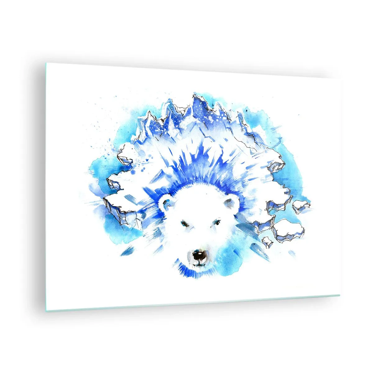Cuadro sobre vidrio - Impresiones sobre Vidrio - Un oso polar con un telón de fondo de montañas heladas en tonos azules. - 70x50cm - El rey del Ártico con una corona de hielo - Decoración de pared moderna para salón y dormitorio ARTTOR