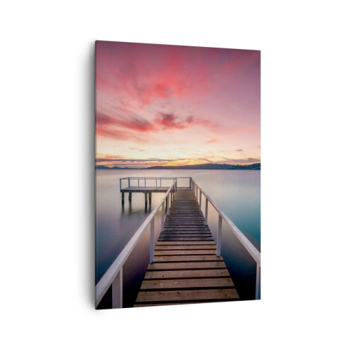 Cuadro sobre lienzo - Impresión de Imagen - Un embarcadero que conduce a un lago tranquilo al atardecer. - 70x100cm - La suave llama del atardecer - Decoración de pared moderna para salón y dormitorio ARTTOR