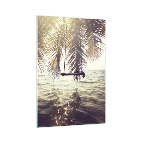 Cuadro sobre vidrio - Impresiones sobre Vidrio - Palmera con columpio sobre el agua bajo la luz del sol. - 70x100cm - Columpiar la imaginación - Decoración de pared moderna para salón y dormitorio ARTTOR