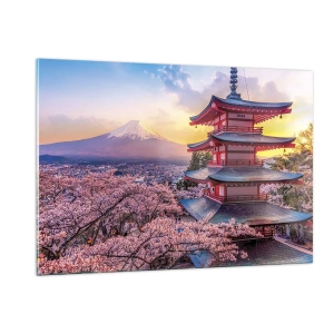 Cuadro sobre vidrio - Impresiones sobre Vidrio - Una pagoda en un paisaje japonés con vistas al monte Fuji y árboles en flor. - 120x80cm - La esencia del espíritu japonés - Decoración de pared moderna para salón y dormitorio ARTTOR