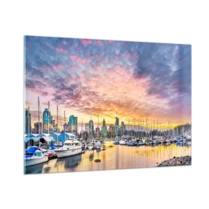 Cuadro sobre vidrio - Impresiones sobre Vidrio - Puesta de sol sobre el puerto deportivo con barcos y rascacielos - 100x70cm - Una ciudad de mil marineros - Decoración de pared moderna para salón y dormitorio ARTTOR